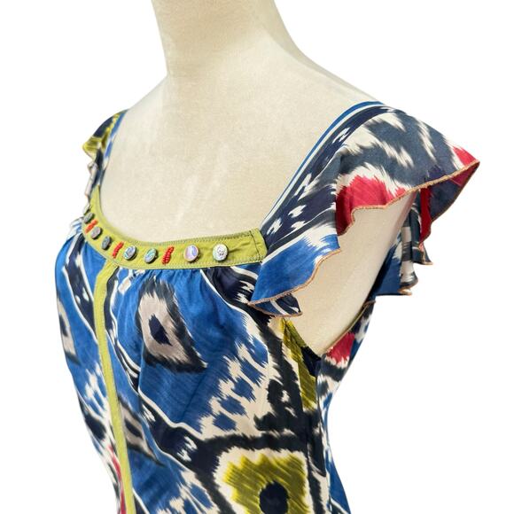 Burning Torch Colorful Ikat Print Embellished Square Neck 100% Silk Dress - Picture 5 of 11